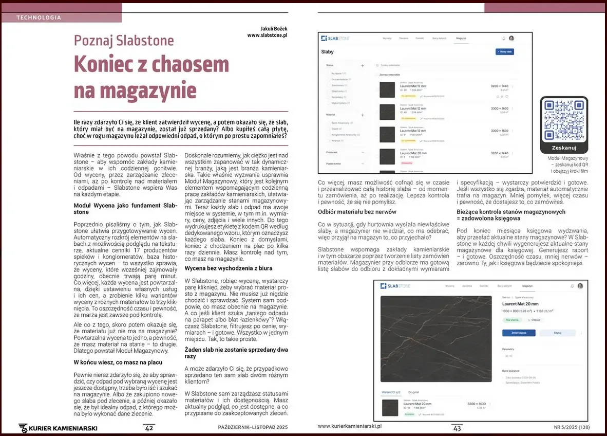 Artykuł „Koniec z chaosem na magazynie” w Kurierze Kamieniarskim nr 5/2025 (138) ze zrzutami ekranu modułu magazynowego Slabstone