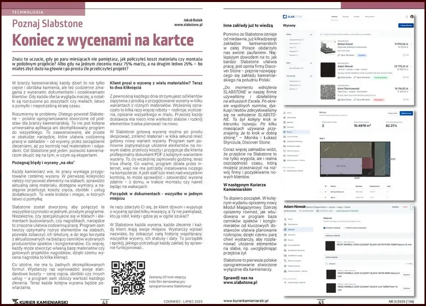 Artykuł „Koniec z wycenami na kartce” w Kurierze Kamieniarskim nr 3/2025 (136) ze zrzutami ekranu Slabstone