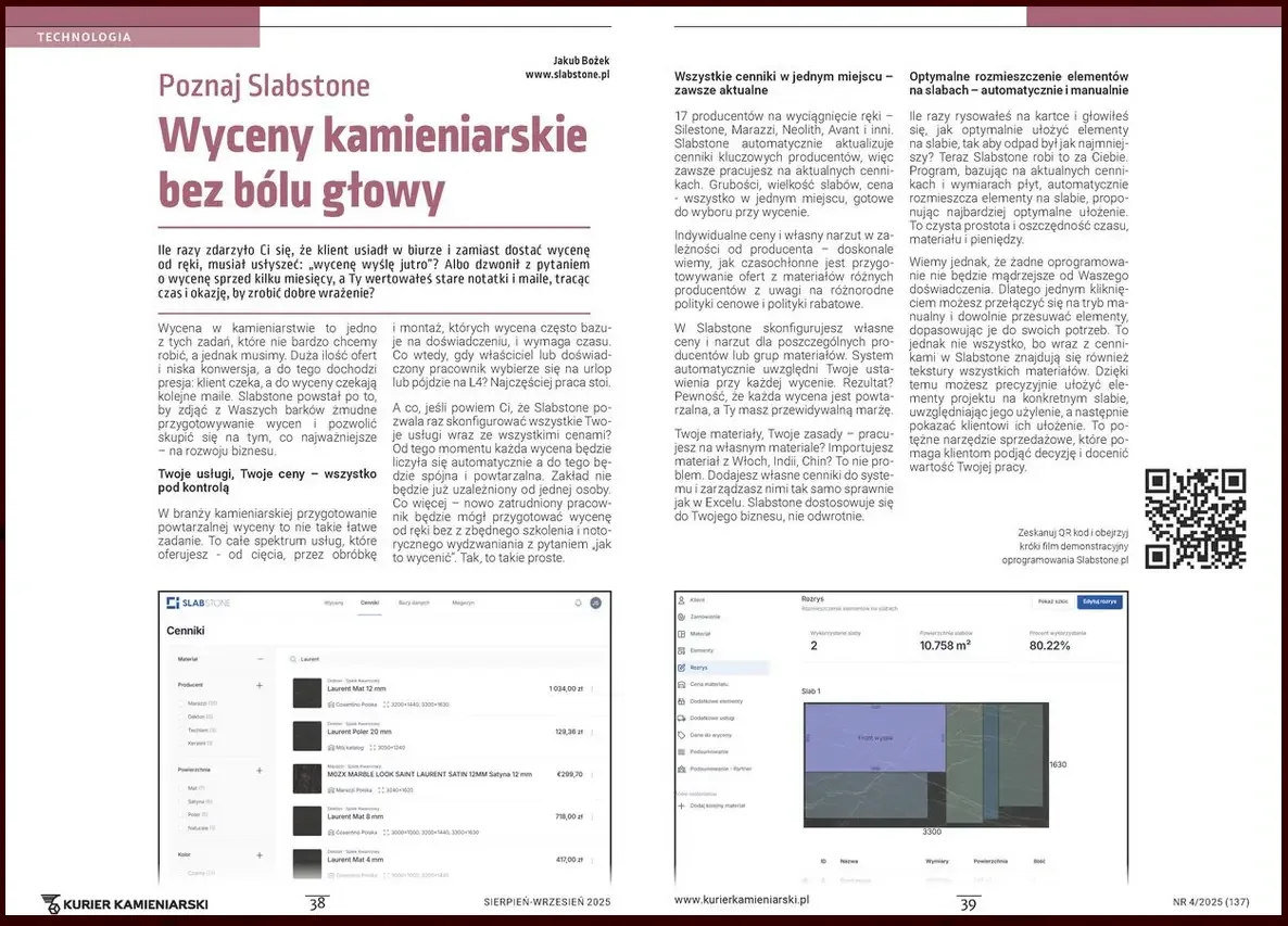 Artykuł „Wyceny kamieniarskie bez bólu głowy” w Kurierze Kamieniarskim nr 4/2025 (137) ze zrzutami ekranu cenników i rozkroju w Slabstone